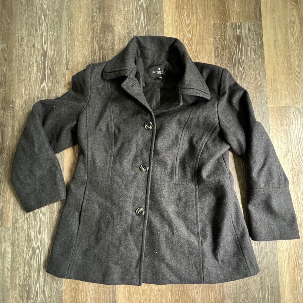 London Fog Pea Coat Women XL Gray Wool Blend Button Front Tailored 3680